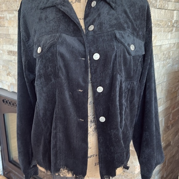 Zenana black corduroy jean jacket style shirt jacket shacket front raw hem - Picture 10 of 16